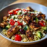 Close-up of an Easy Mediterranean Chicken Bowl featuring seasoned chicken, quinoa, tomatoes, cucumbers, feta, and olives.