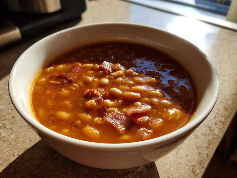 A close-up of a white bowl filled with rich, savory navy bean soup topped with pieces of ham or bacon.