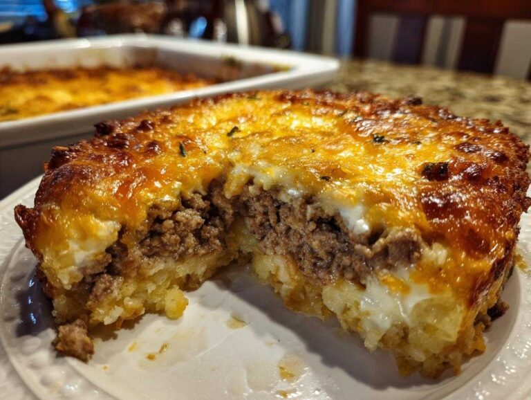 A close-up, featured slice of tater tot casserole showing layers of crispy tater tots, seasoned ground beef, and melted golden cheese.