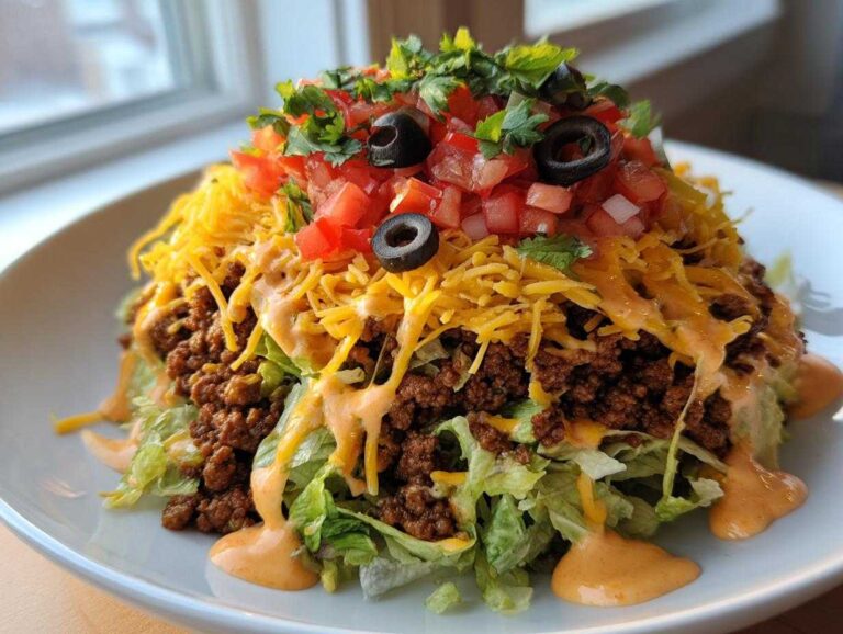 A vibrant, fully loaded taco salad featuring layers of lettuce, seasoned ground beef, shredded cheese, salsa, and creamy dressing.