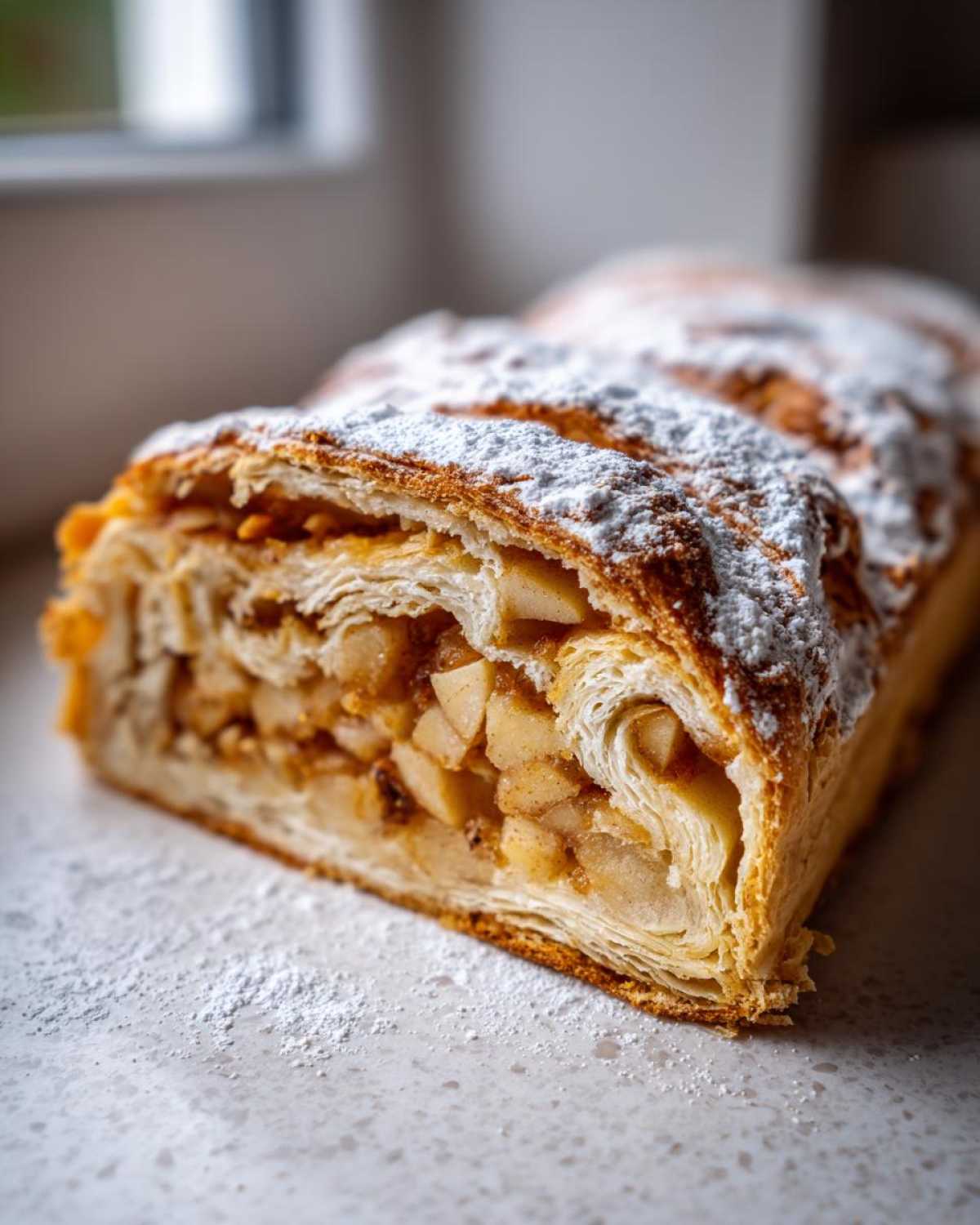 Close-up of a freshly baked apple strudel showing flaky pastry layers and cinnamon apple filling, dusted with powdered sugar.
