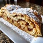 A close-up of a flaky slice of apple strudel filled with spiced apples and dusted heavily with powdered sugar.