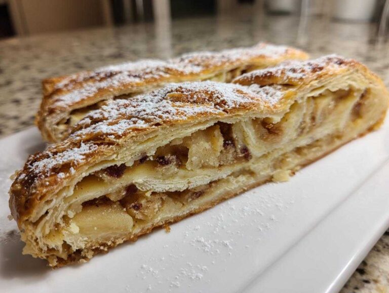 A close-up, cross-section view of a flaky apple strudel slice filled with spiced apples and raisins, dusted generously with powdered sugar.