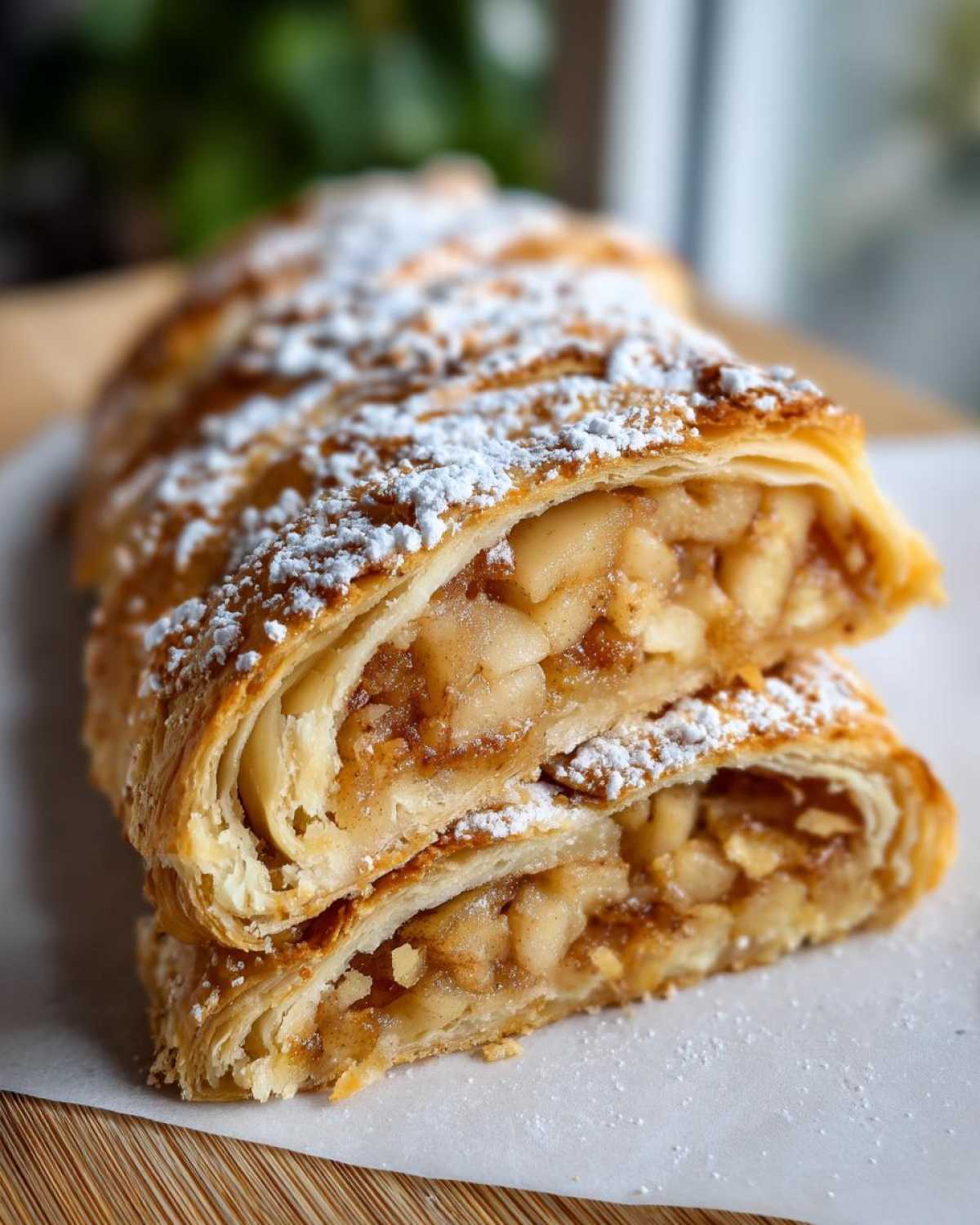 Two stacked slices of flaky, golden brown apple strudel filled with spiced apples and dusted heavily with powdered sugar.