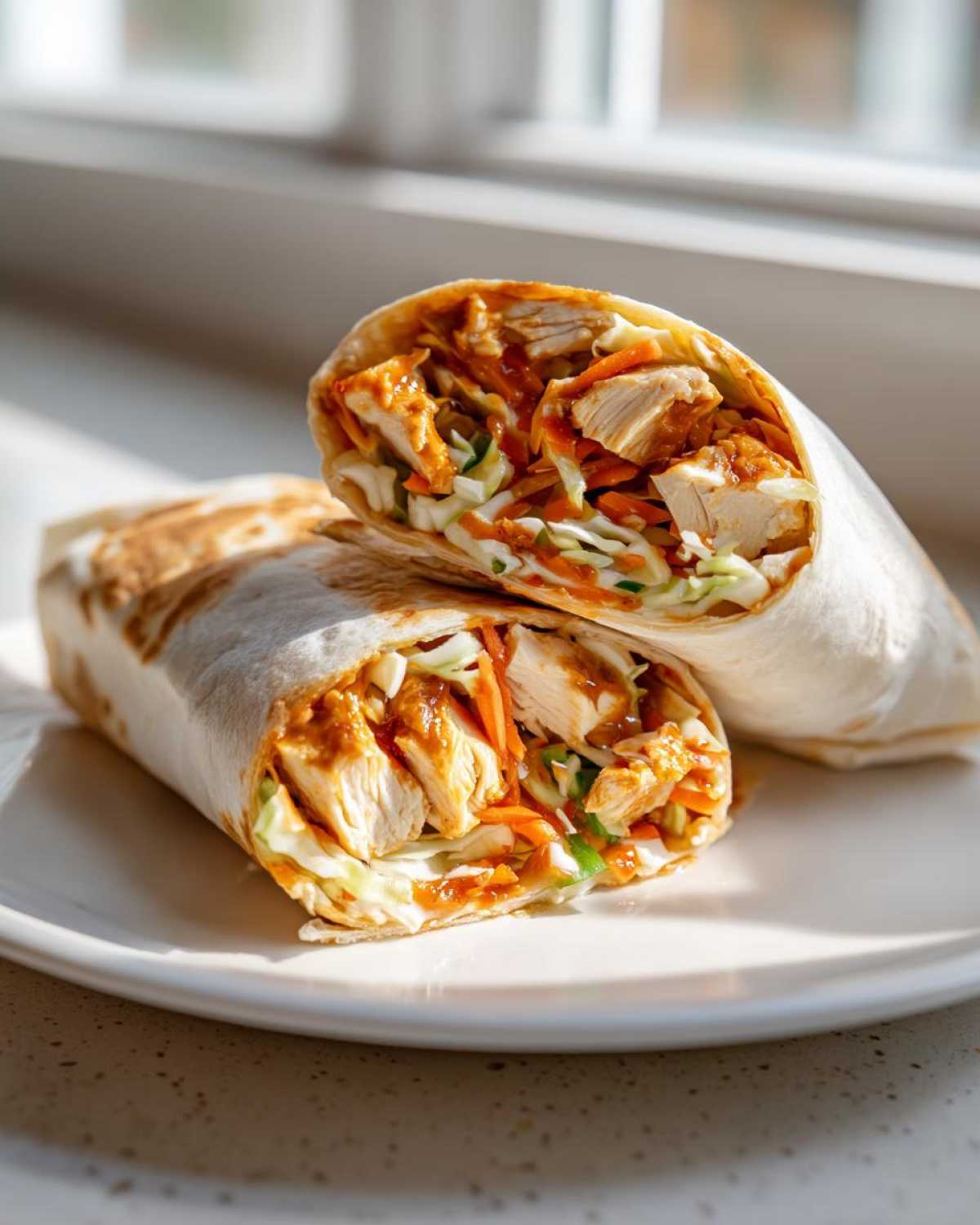 Two halves of a Sweet Chili Chicken Wraps Flavorpacked, showing chunks of chicken, slaw, and sauce inside a tortilla.