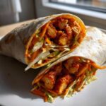 Two halves of a Sweet Chili Chicken Wraps Flavorpacked, showing chunks of saucy chicken and shredded cabbage and carrots inside a tortilla.