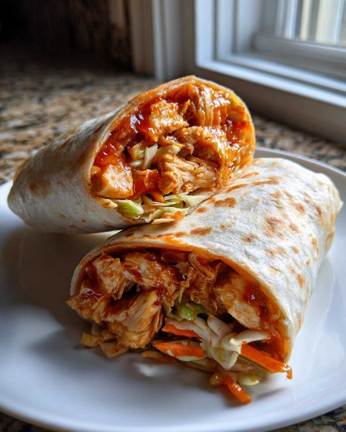 Two halves of a Sweet Chili Chicken Wraps Flavorpacked, showing shredded chicken coated in sauce and coleslaw filling.