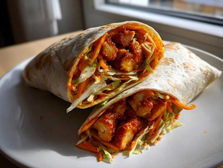 Two halves of a Sweet Chili Chicken Wraps Flavorpacked, showing chunks of saucy chicken and shredded cabbage and carrots inside a tortilla.