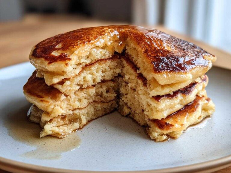 Close-up of a fluffy stack of banana pancakes, cut open to show the texture, drizzled with syrup.