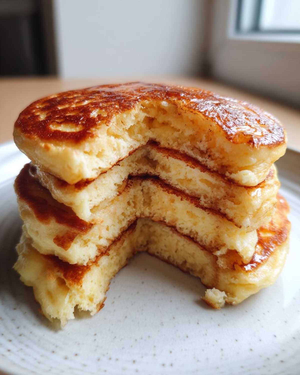 Close-up of a tall stack of fluffy banana pancakes with a bite removed, showing the airy interior texture.