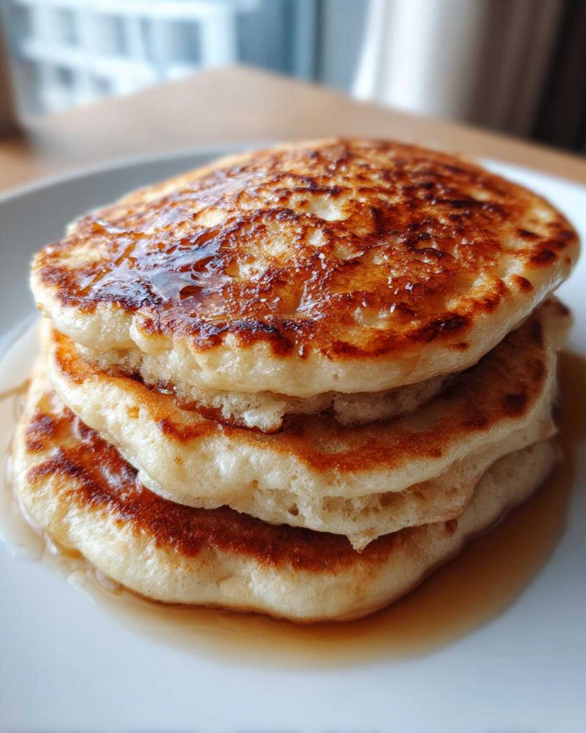 A close-up of a fluffy stack of three banana pancakes drizzled generously with maple syrup.