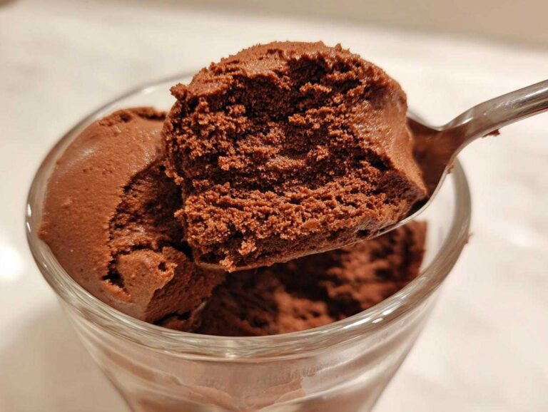 Amazing 410-Calorie Chocolate Mousse A spoonful of light and airy chocolate mousse being lifted from a glass serving.