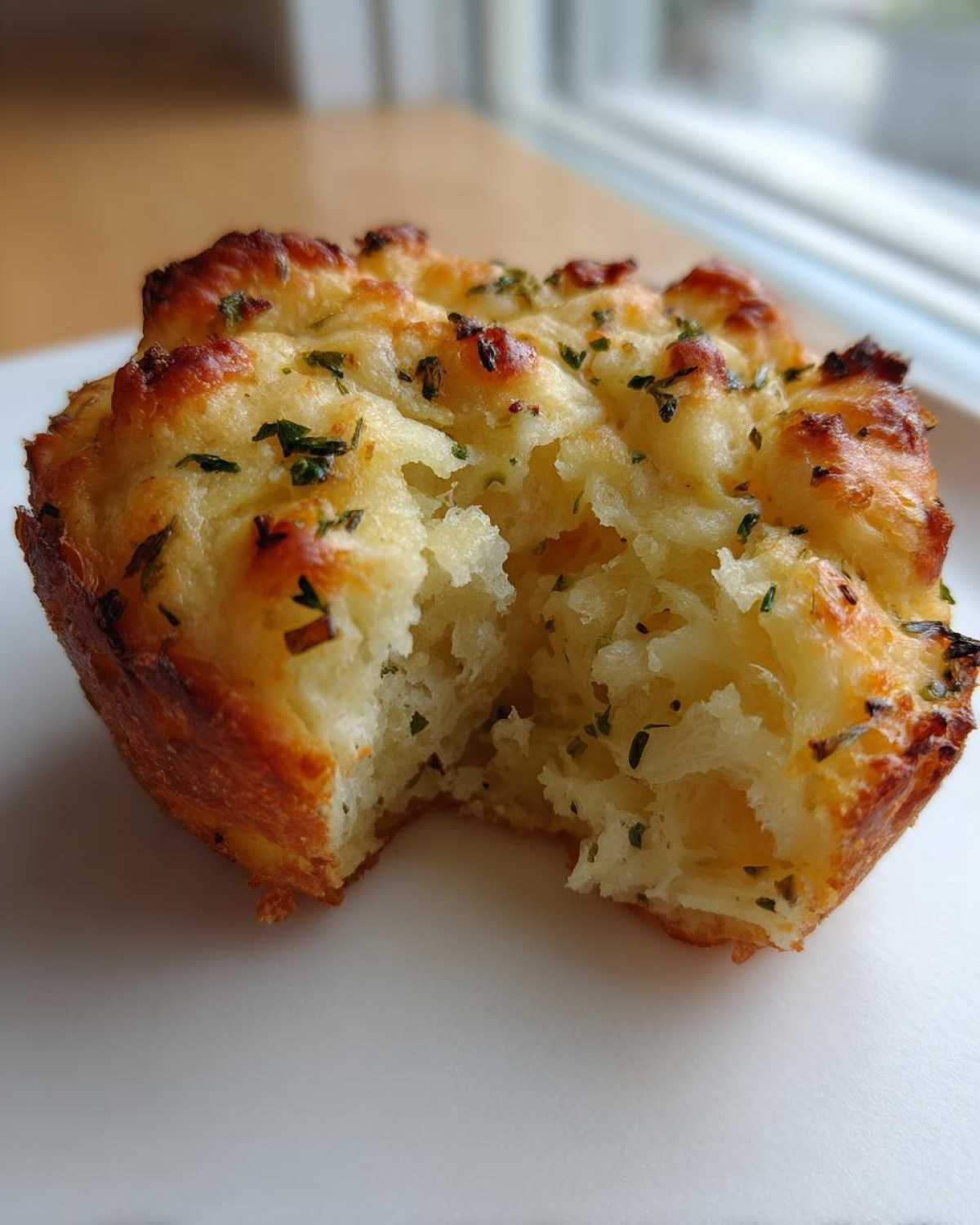 Close-up of a Focaccia Muffins Recipe item, torn open to show the soft, airy interior and golden, herbed crust.