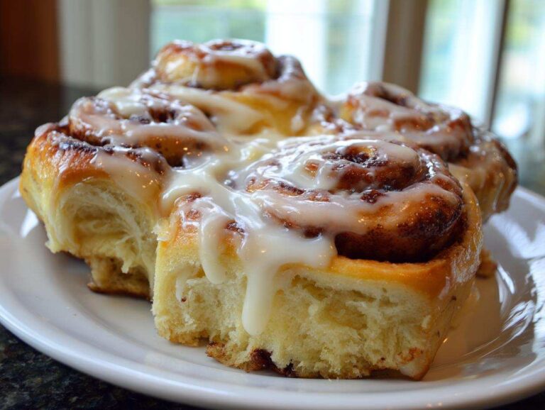 Close-up of several soft, freshly baked cinnamon buns covered in thick white icing on a white plate.