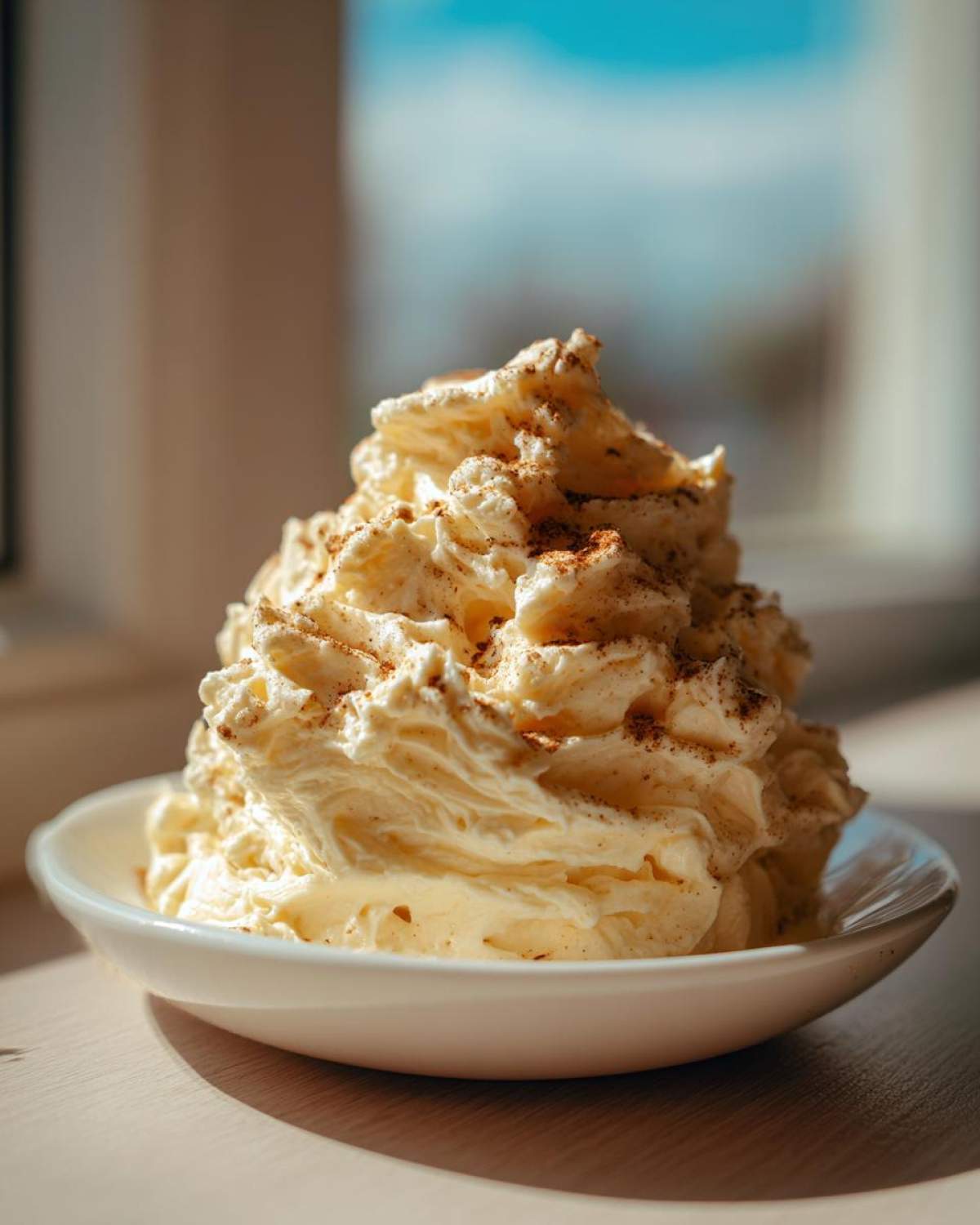 A generous swirl of creamy, pale yellow honey butter, dusted with cinnamon, served in a small white bowl.