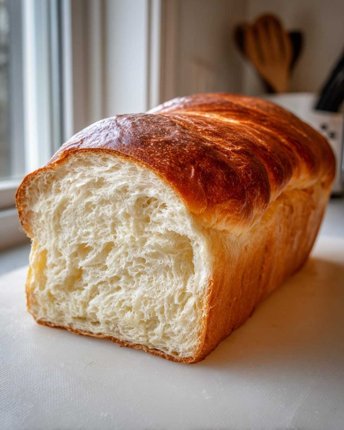 Close-up of a freshly baked japanese milk bread loaf, showing its incredibly soft, white, and fluffy interior crumb.