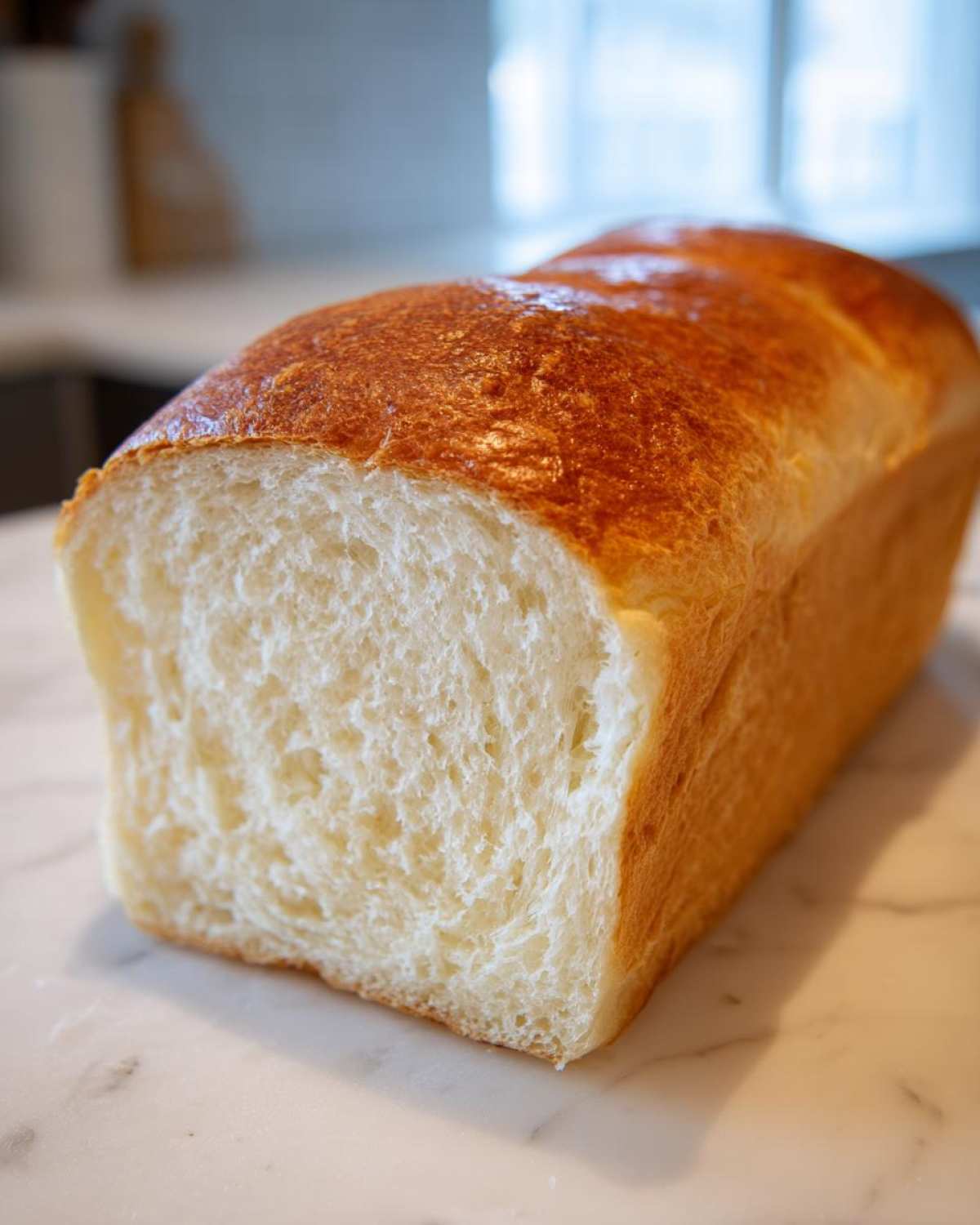 Close-up of a freshly baked loaf of japanese milk bread, showing its incredibly soft, white interior and golden brown, shiny crust.