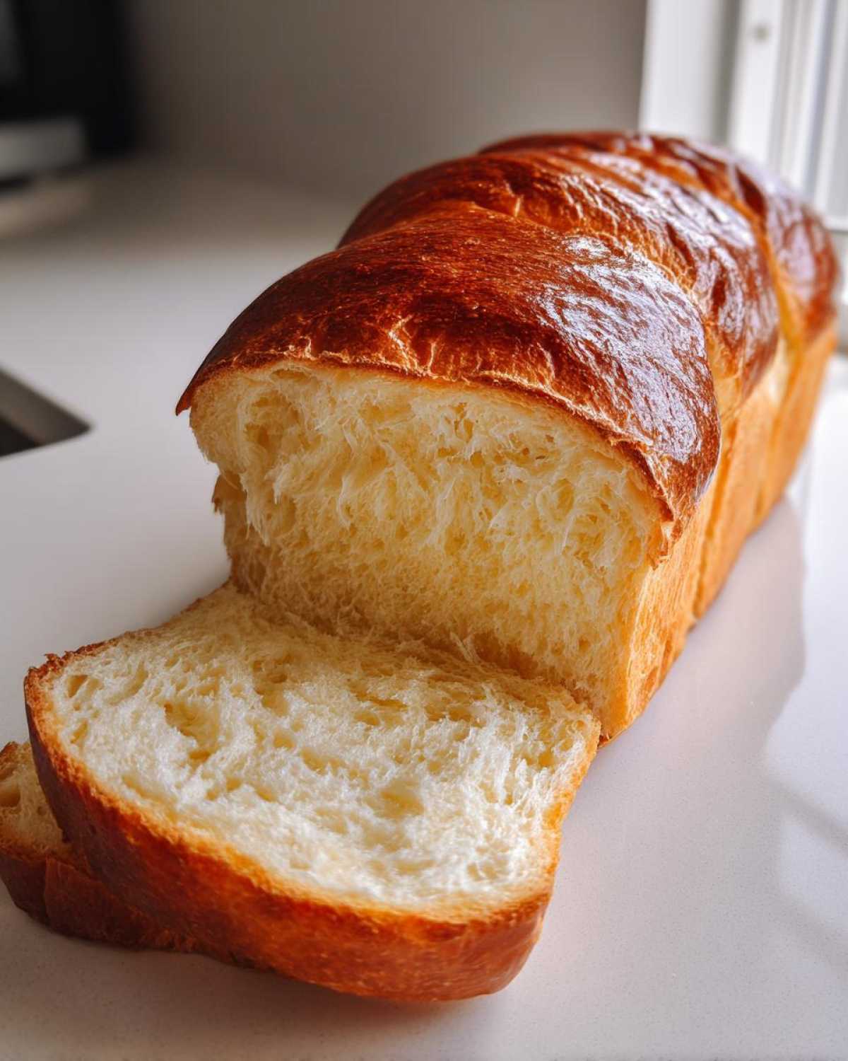 A loaf of golden-brown japanese milk bread with a slice cut, showing its incredibly soft, white interior crumb.