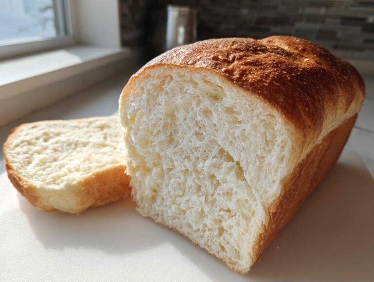 Close-up of a freshly baked japanese milk bread loaf, showing its incredibly soft, white, and fluffy interior crumb.