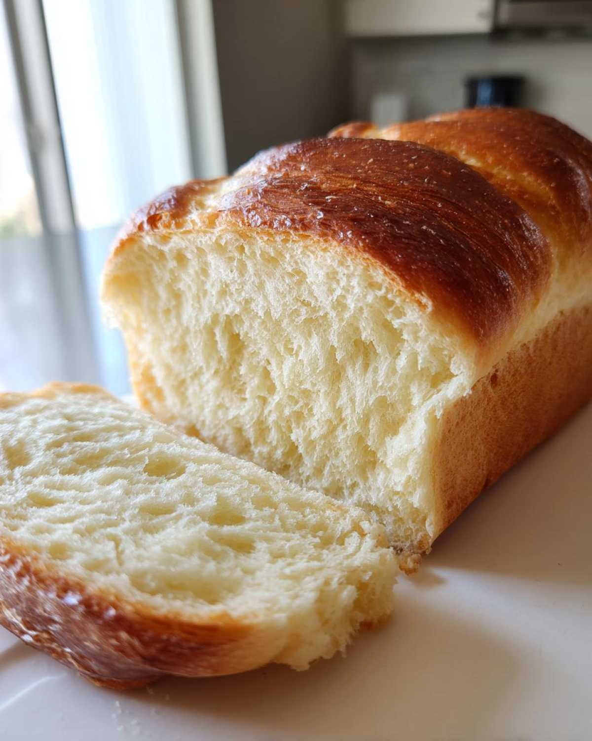 Close-up of a loaf of japanese milk bread sliced open, showing its incredibly soft, white interior and shiny, golden-brown top.