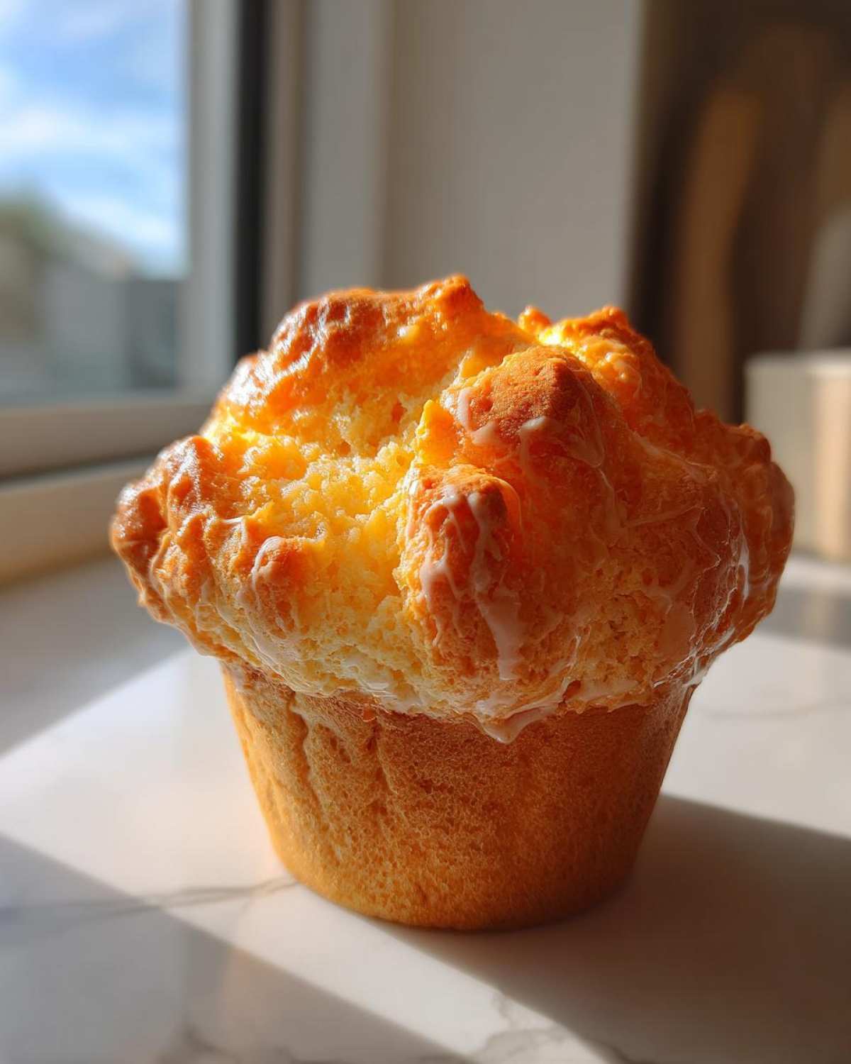 A close-up of a golden, fluffy orange muffin topped with a thin, glistening Fluffy Orange Muffin Glaze.