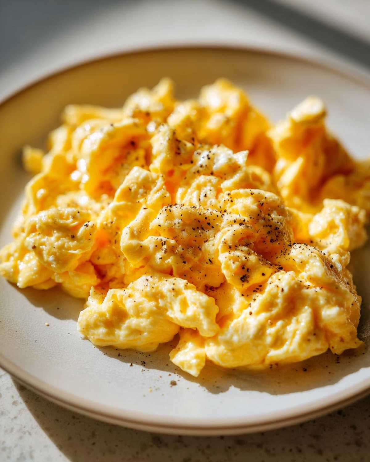 A close-up of perfectly fluffy scrambled eggs seasoned with black pepper, served on a light-colored plate.