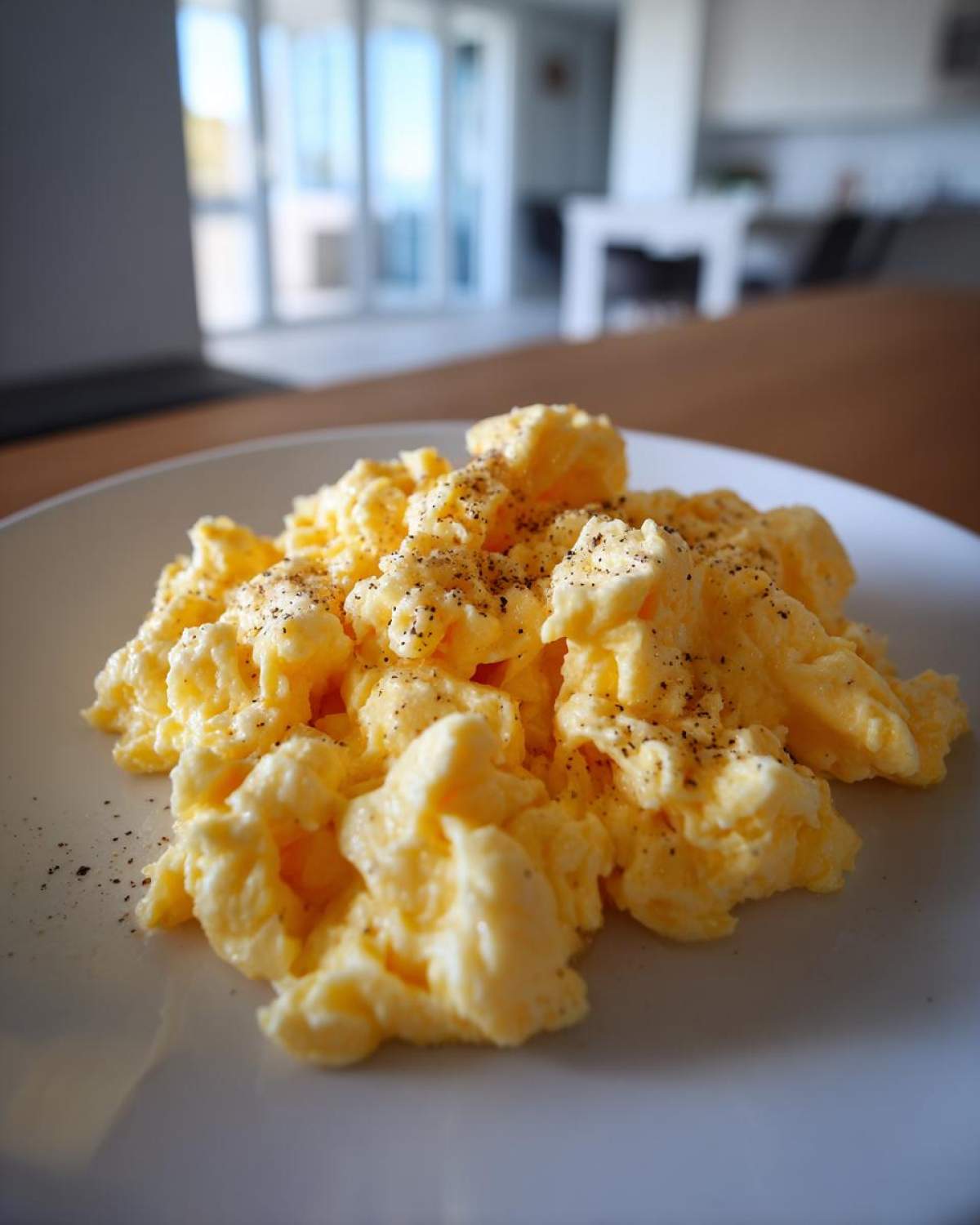 Close-up of fluffy scrambled eggs seasoned with black pepper served on a white plate.