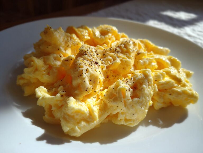Fluffy scrambled eggs: 1 amazing secret A close-up of fluffy, creamy scrambled eggs seasoned with black pepper on a white plate.