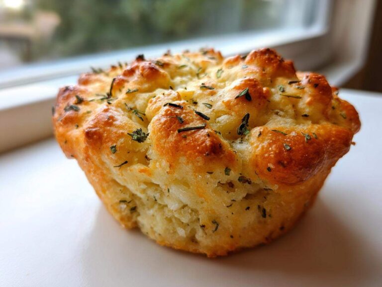 A single, golden brown Focaccia Muffins Recipe item, baked with a bubbly top and sprinkled with dried herbs.