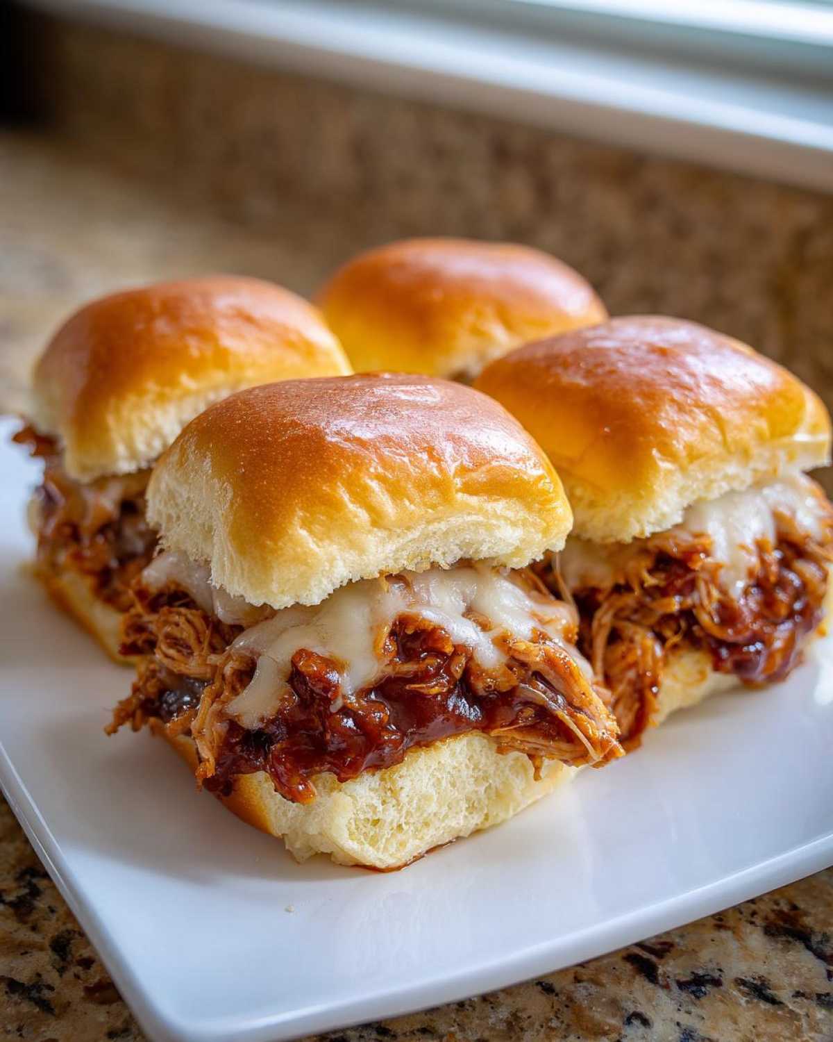 Four freshly made bbq chicken sliders topped with melted white cheese served on a white rectangular plate.