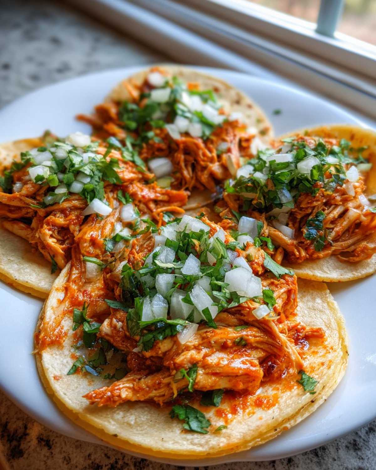 Four freshly made chicken tacos topped with shredded seasoned chicken, diced white onion, and fresh cilantro.
