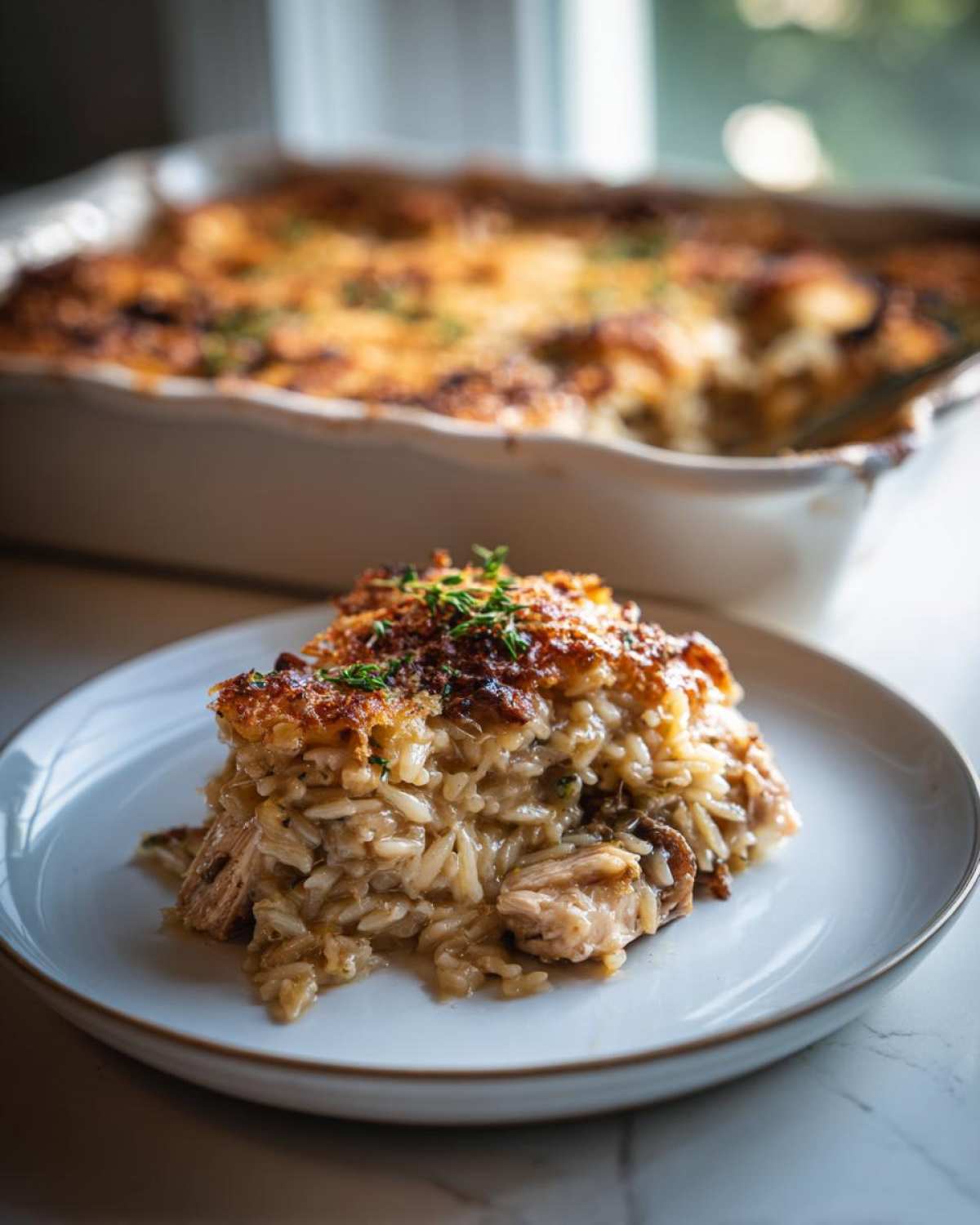 A square serving of creamy French Onion Chicken Orzo Casserole with a golden, cheesy crust on a white plate.