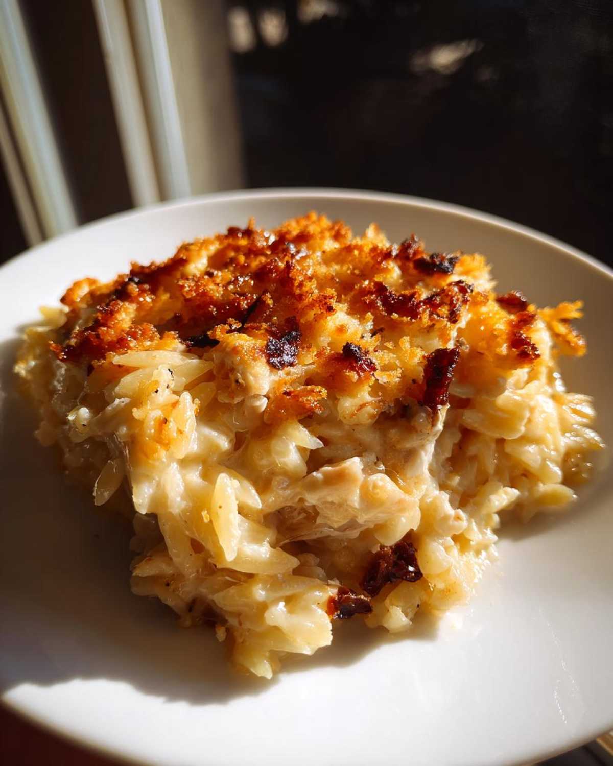 A close-up serving of creamy French Onion Chicken Orzo Casserole with a deeply browned, crispy topping on a white plate.