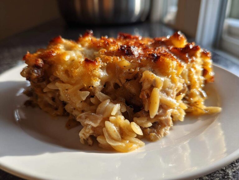 A close-up serving of French Onion Chicken Orzo Casserole with a golden, bubbly cheese crust.