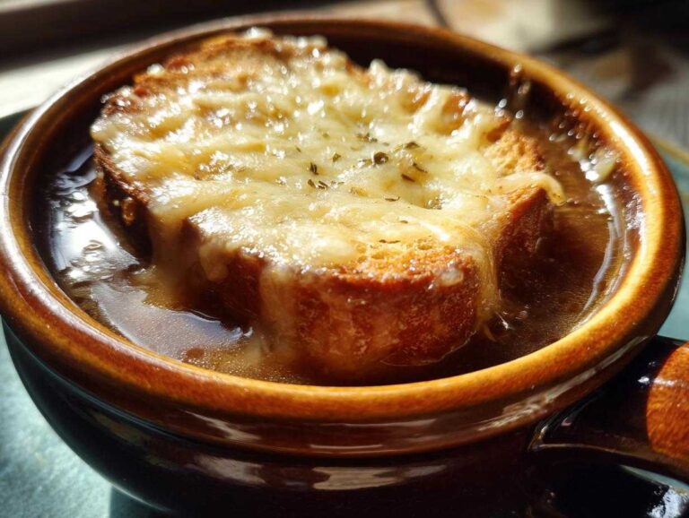 Close-up of a steaming bowl of French onion soup topped with a crusty crouton and melted, bubbly Gruyère cheese.