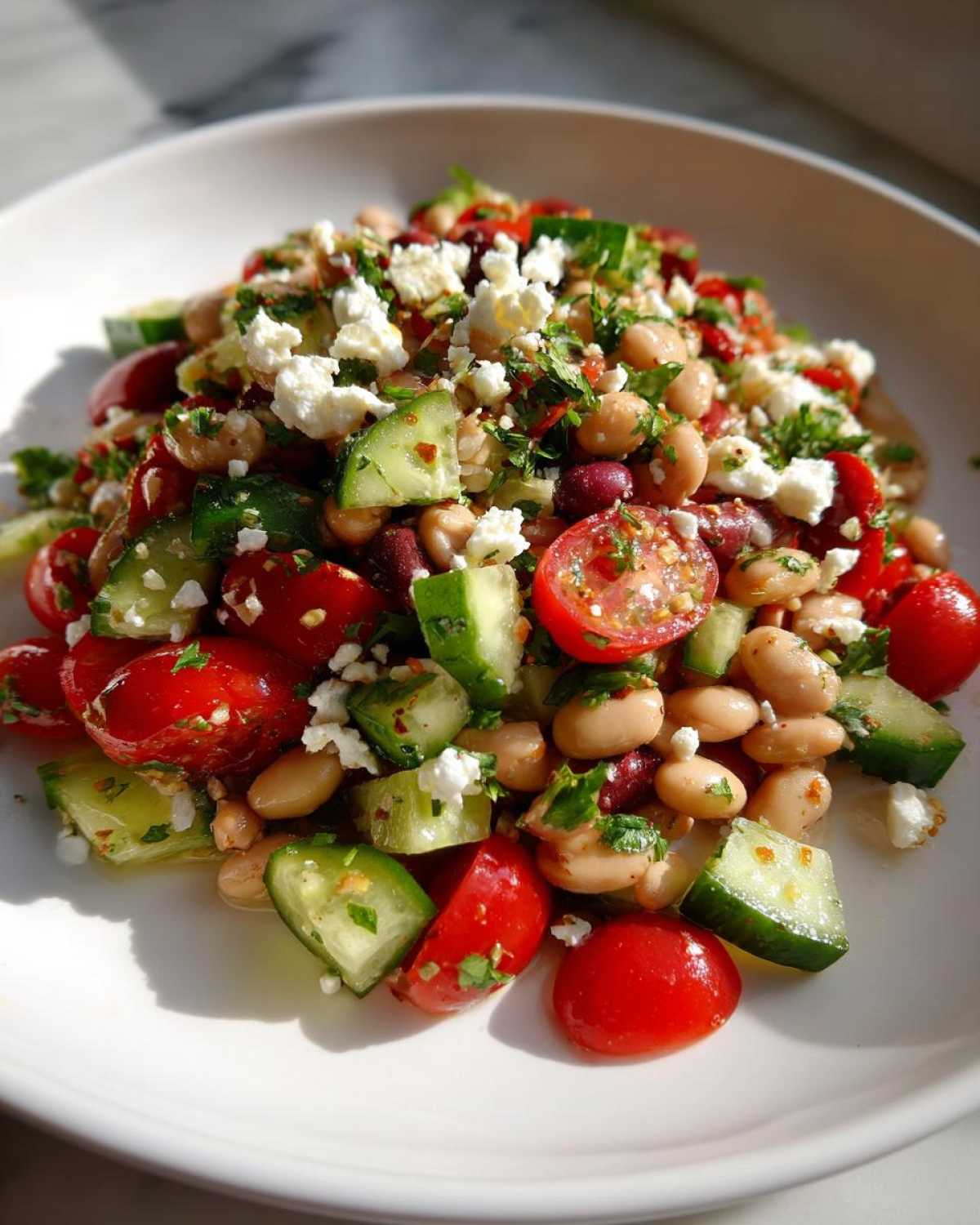 A vibrant close-up of a fresh bean salad featuring white beans, cherry tomatoes, cucumber chunks, and crumbled feta cheese.