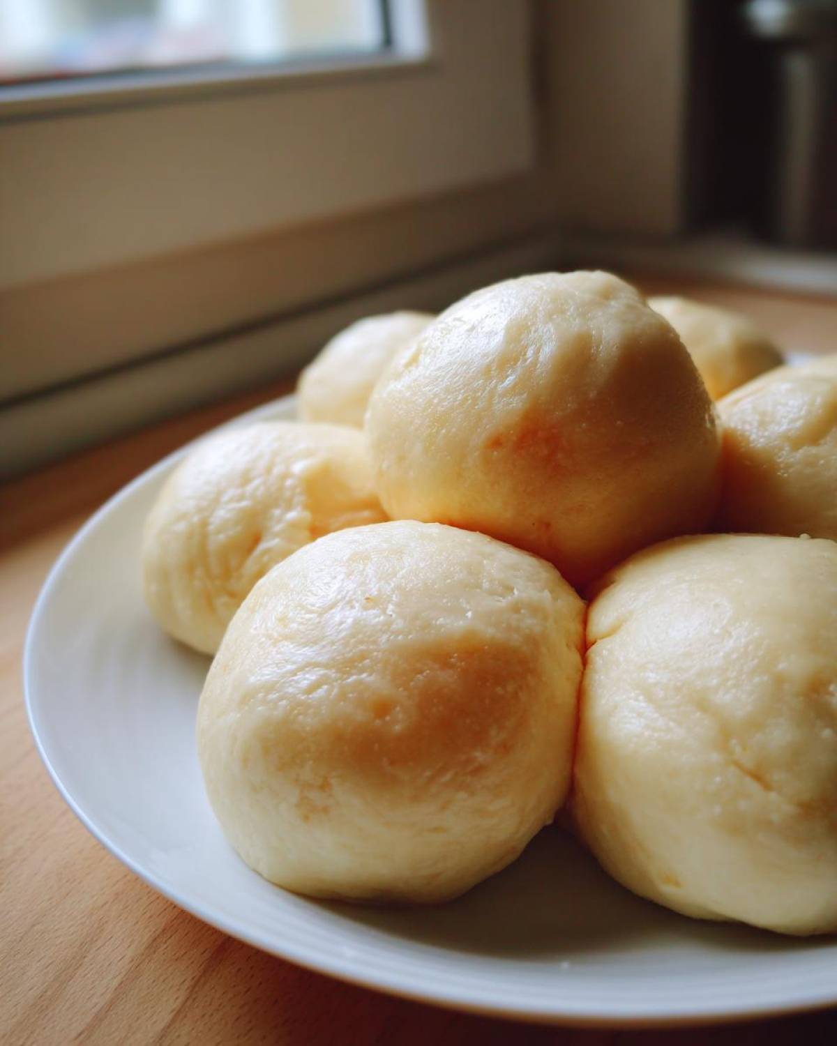 A close-up of several smooth, pale yellow balls of fufu served on a white plate near a window.