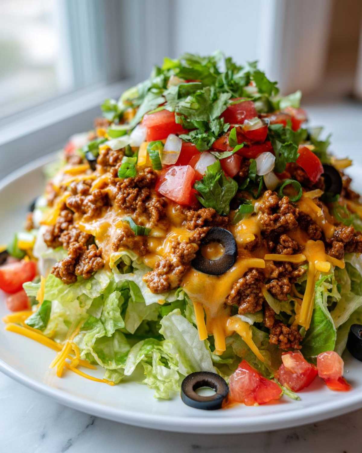 A tall serving of taco salad featuring lettuce, seasoned ground beef, melted cheese, tomatoes, and black olives.