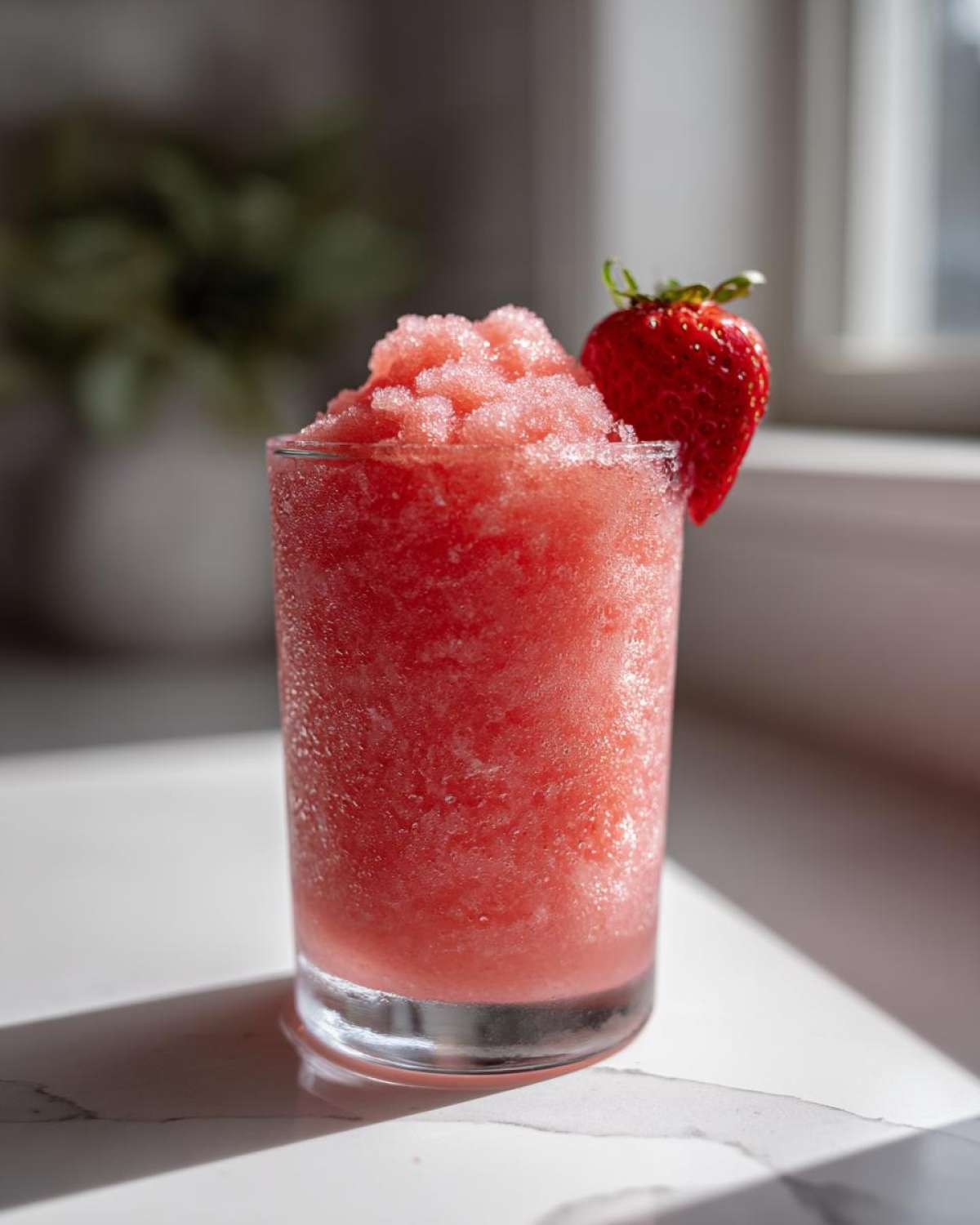 A tall glass filled with a bright red, icy strawberry daiquiri, garnished with a fresh strawberry.