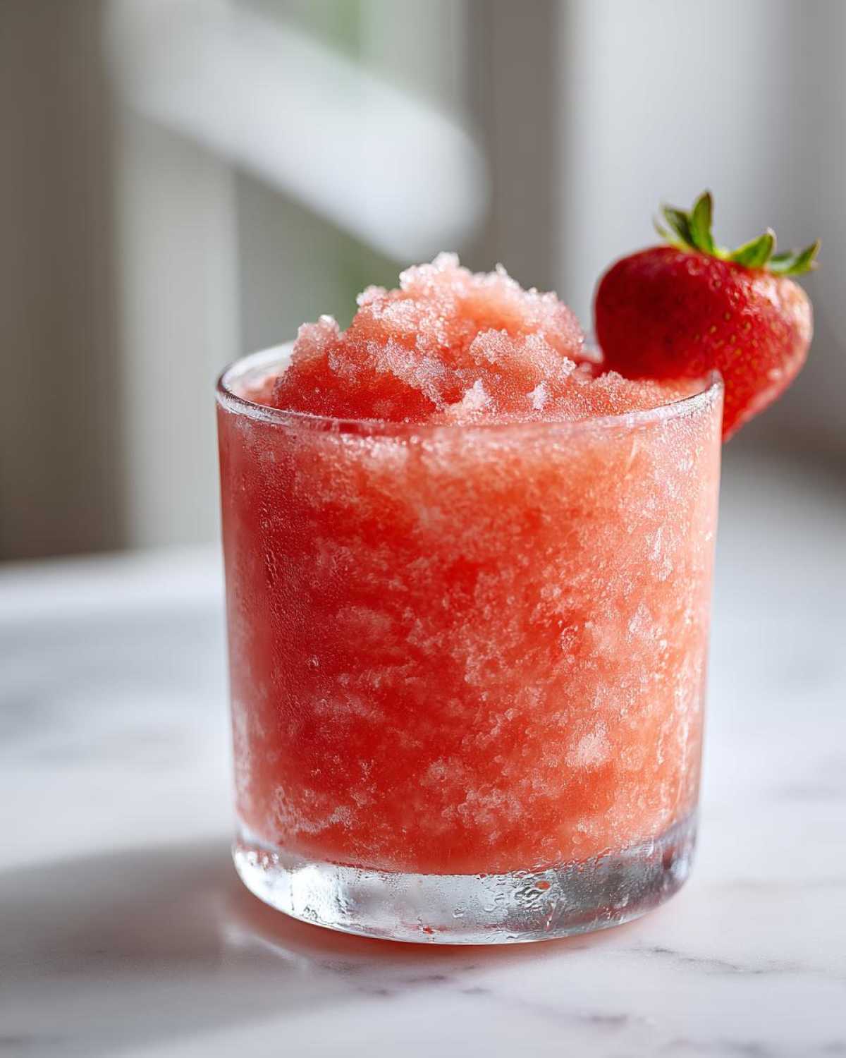 Close-up of a frosty, bright red frozen strawberry daiquiri garnished with a fresh strawberry.