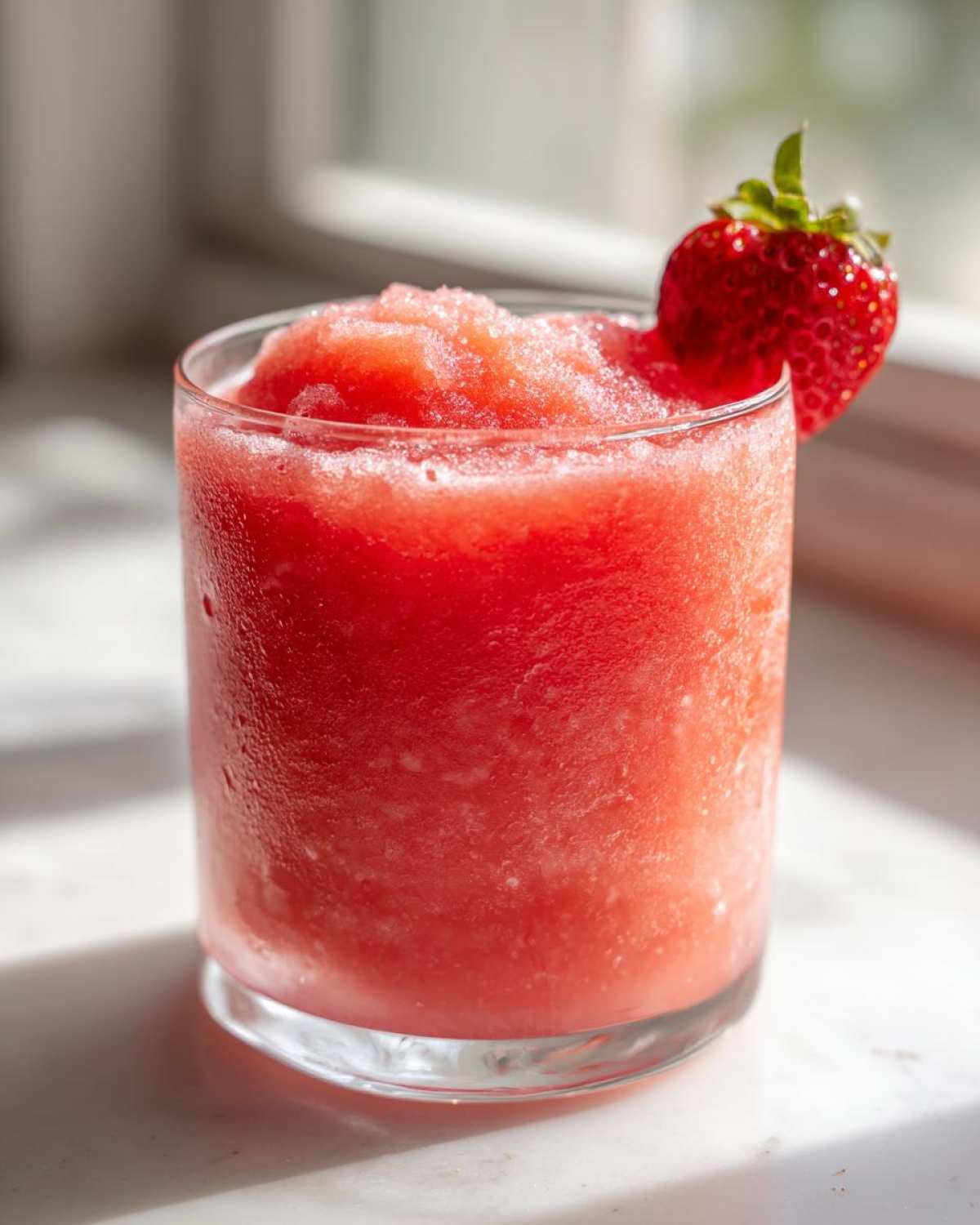 A close-up of a frosty, bright red strawberry daiquiri garnished with a fresh strawberry slice.