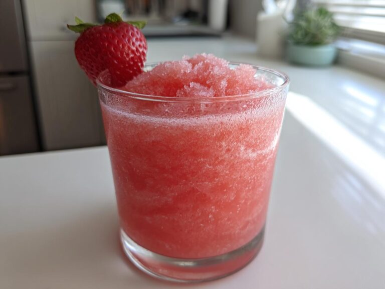 Close-up of a frosty, blended strawberry daiquiri garnished with a fresh strawberry.