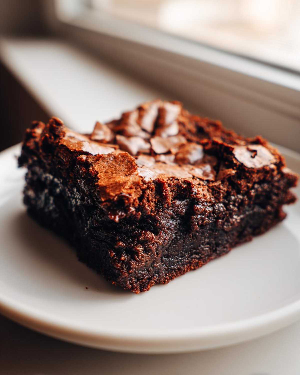 Close-up of a dense, fudgy brownie slice on a white plate, illustrating the desired texture that avoids Brownies Missing That Fudgy Texture.