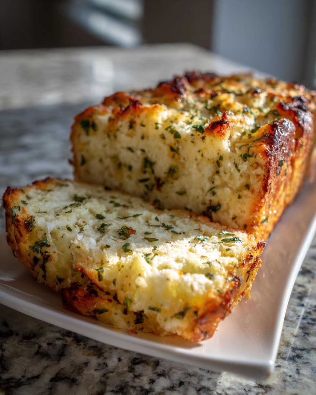 A loaf of freshly baked garlic bread, sliced and sprinkled with parsley, a perfect side for baked chicken breast.