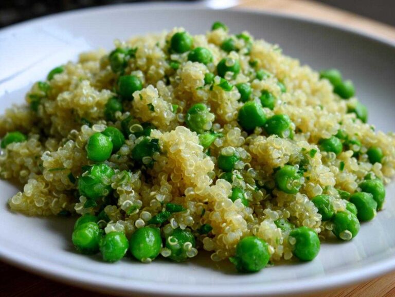 Close-up of fluffy Garlic Butter Quinoa Green Peas mixed with bright green peas and herbs on a white plate.