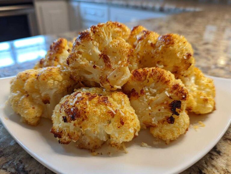 A pile of golden brown, roasted Garlic Butter Roasted Cauliflower florets sprinkled with Parmesan cheese on a white plate.