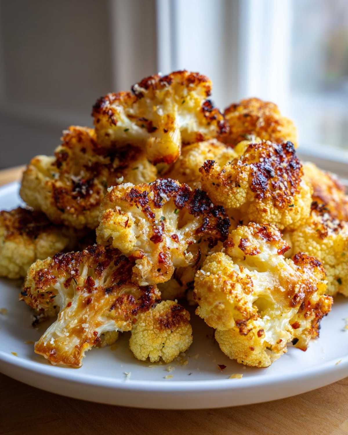 A pile of golden brown, caramelized Garlic Butter Roasted Cauliflower florets sprinkled with cheese.