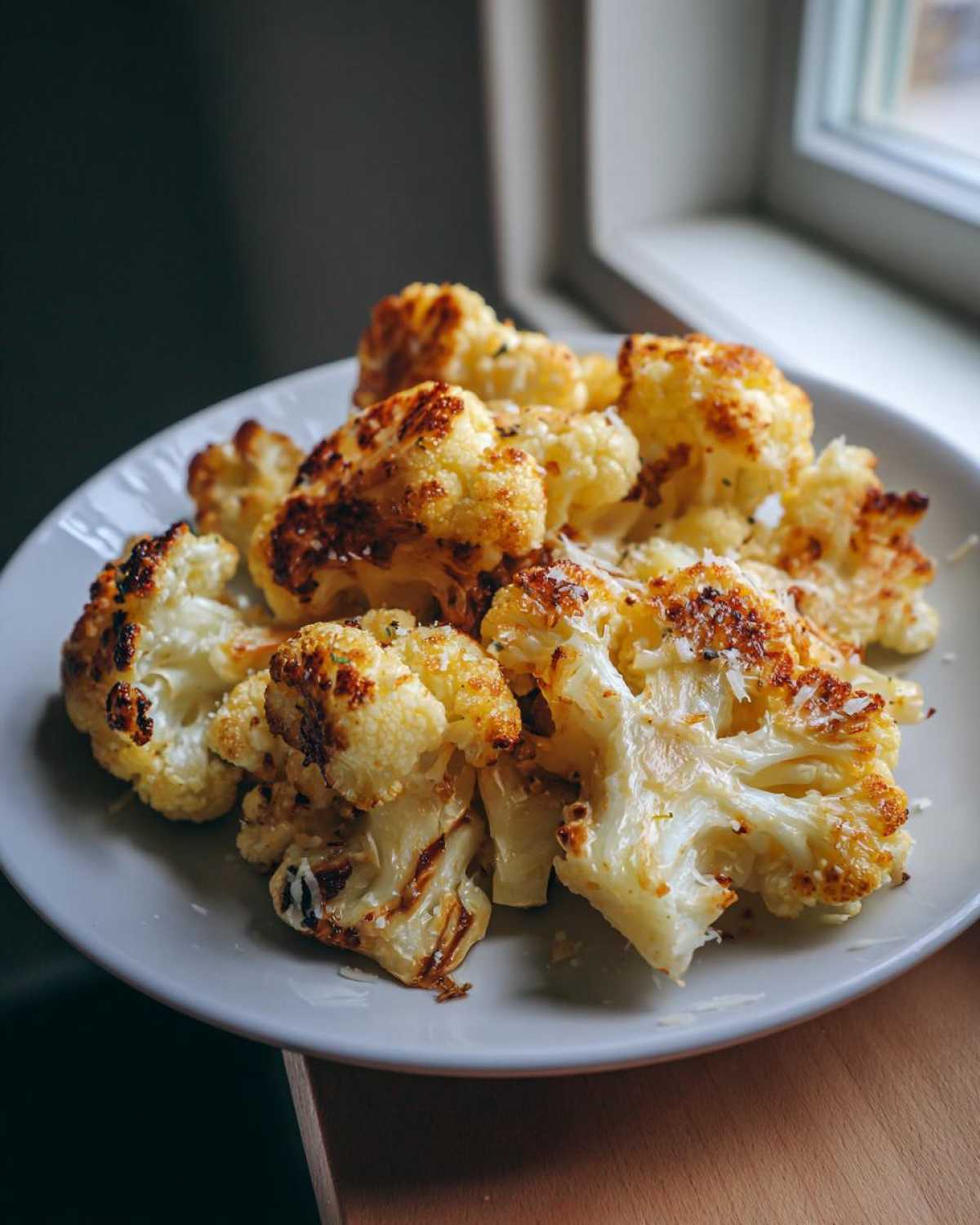 A plate piled high with golden brown Garlic Butter Roasted Cauliflower florets, sprinkled with Parmesan cheese.