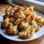 A plate piled high with crispy, browned Garlic Butter Roasted Cauliflower, topped with grated Parmesan cheese and herbs.