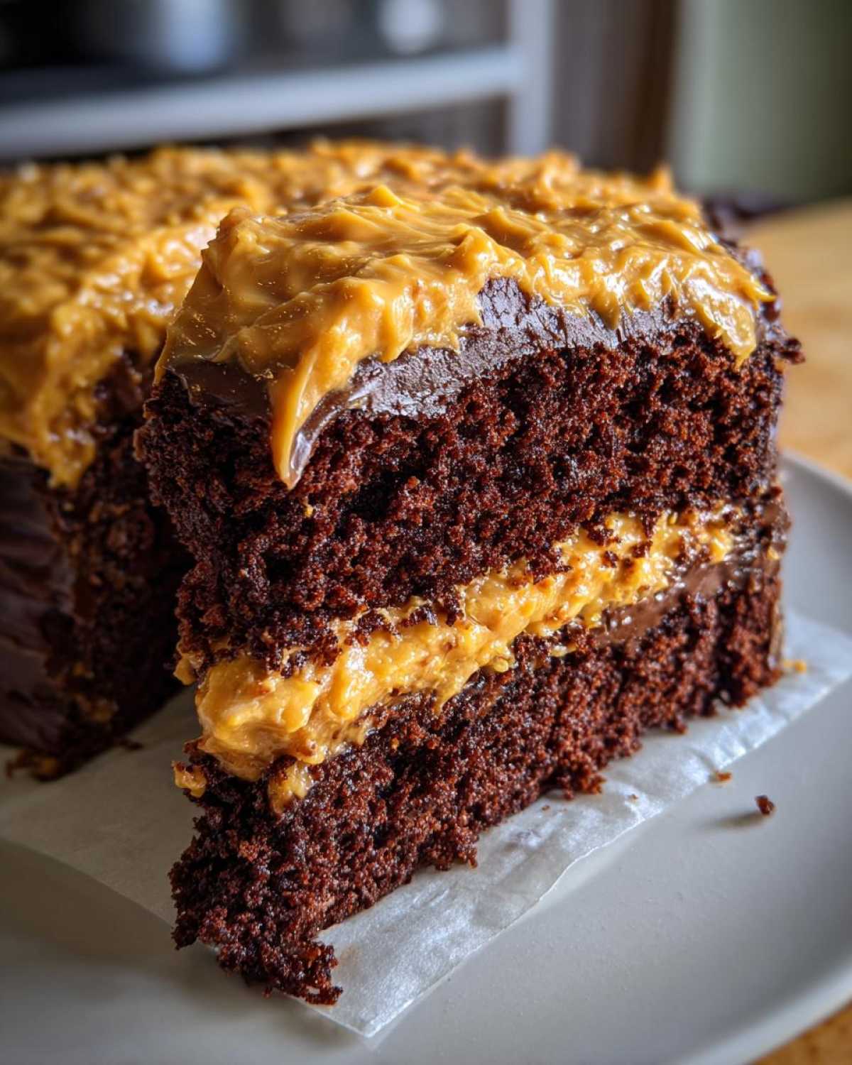 Close-up of a moist slice of german chocolate cake showing dark layers and thick pecan coconut frosting.